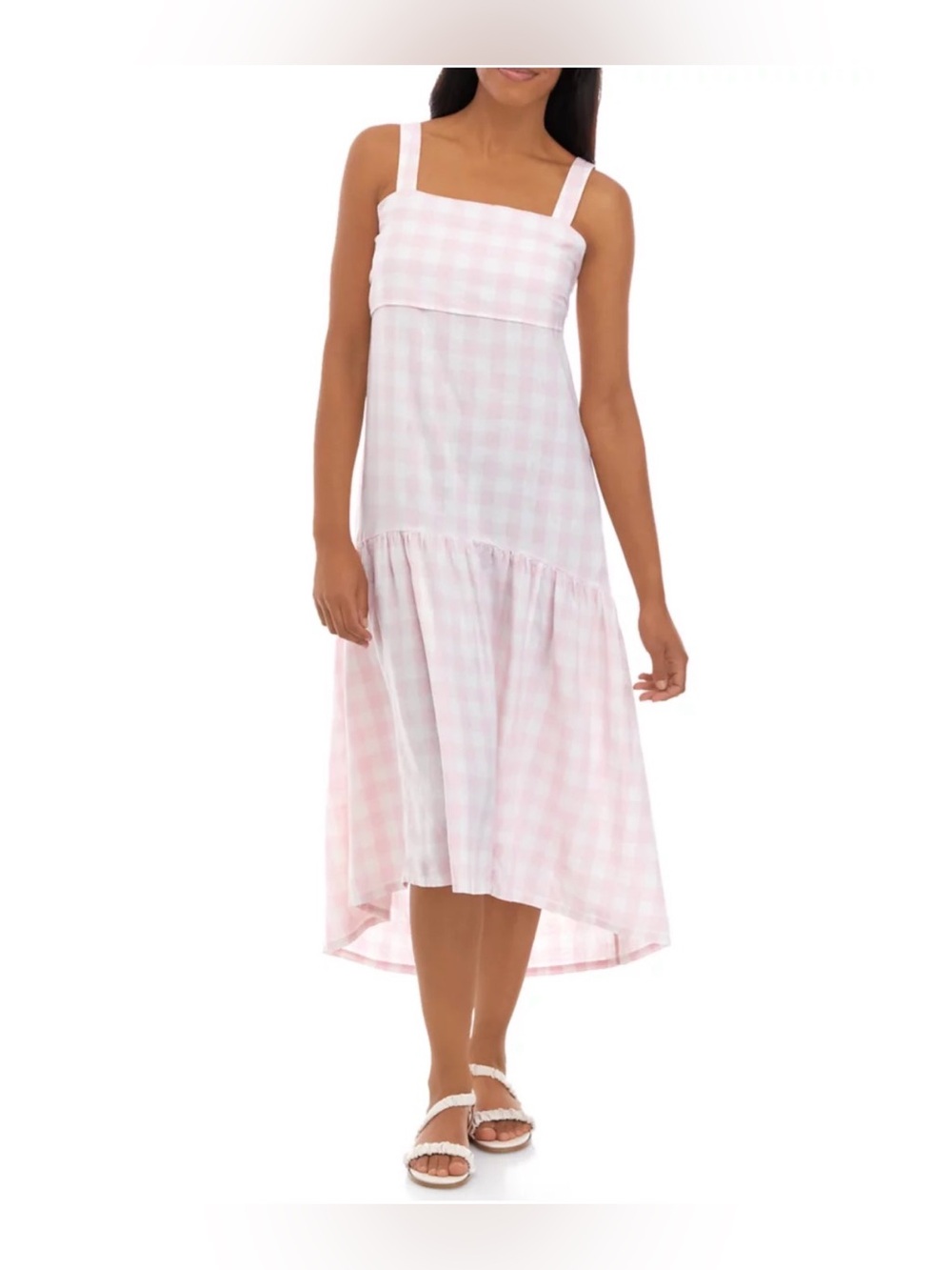 Crown & Ivy Pink & White Gingham Check Tie Back Linen Blend Midi Dress, size 14